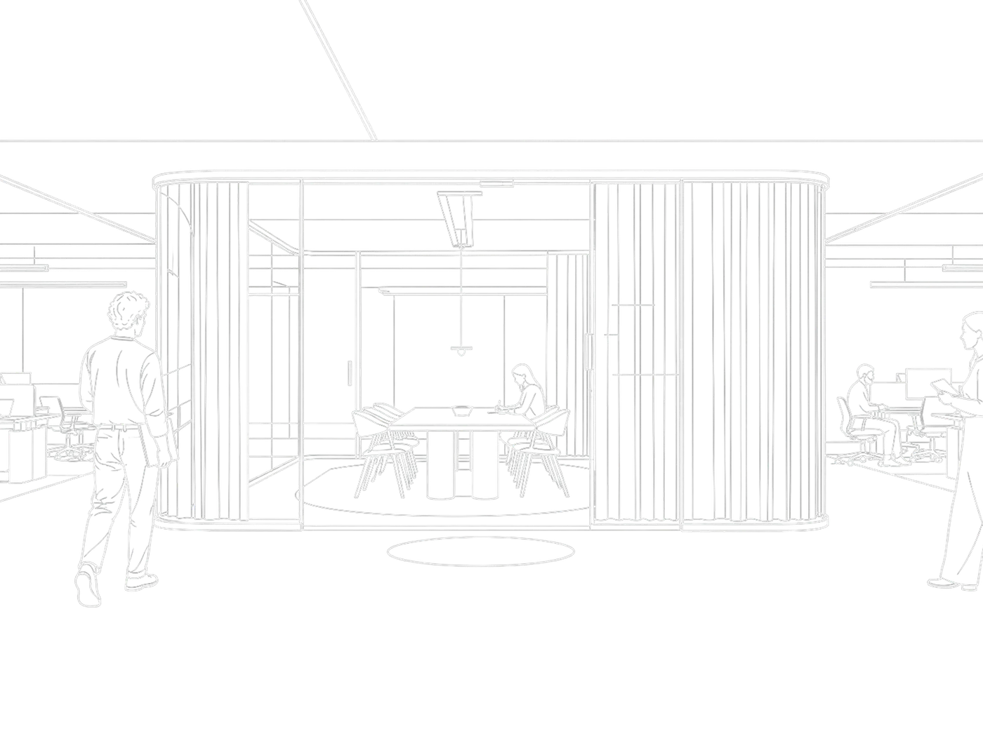 Perspective line drawing of a meeting room enclosed in glass and curtains in an open-plan office, with people walking past.