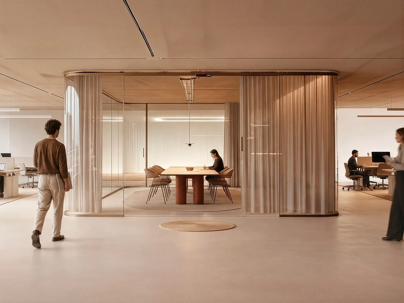 The same view rendered: a warm timber ceiling, sheer curtains behind the glass, a terracotta table and a round jute rug.