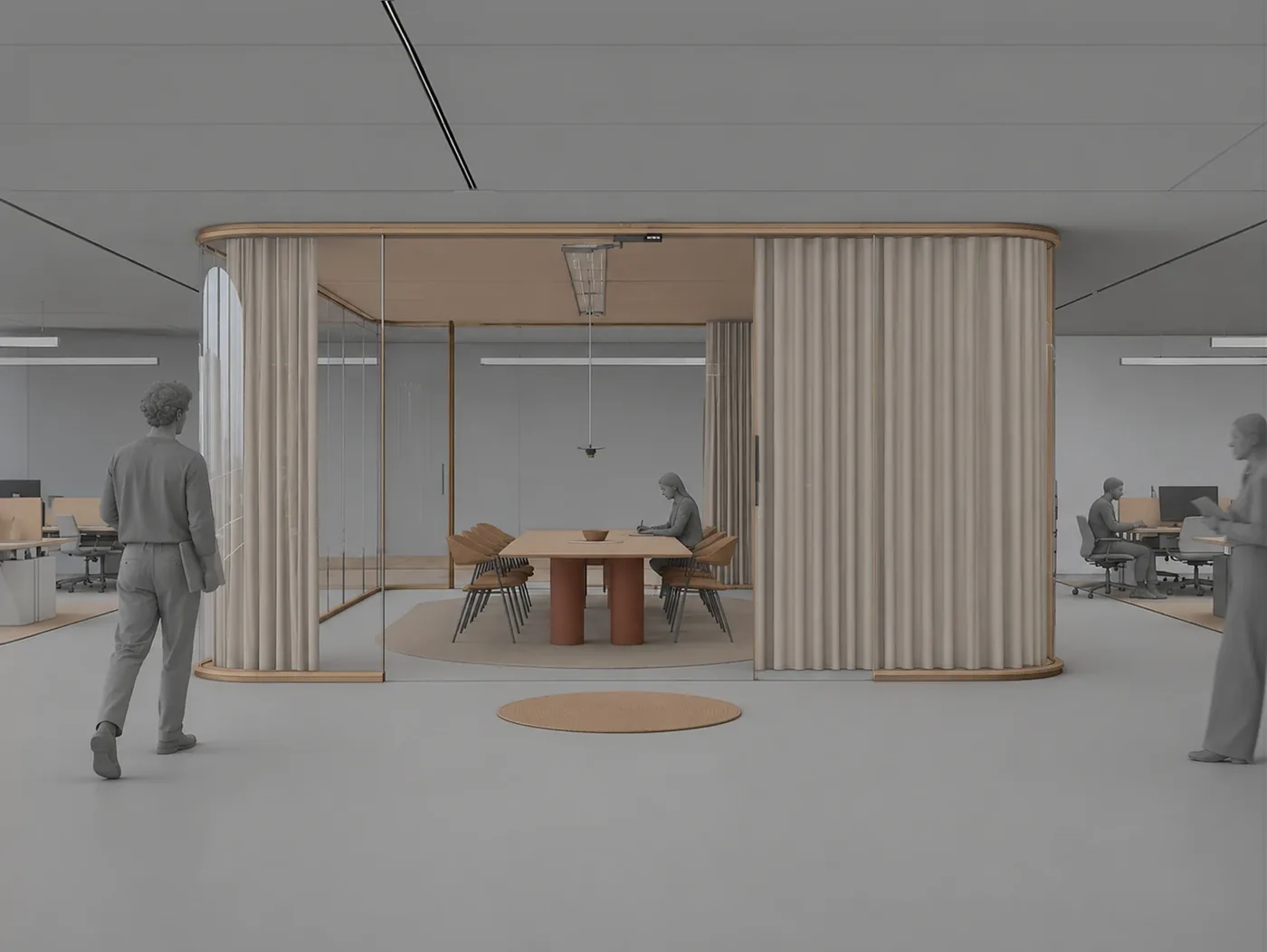 The same view textured: timber on the ceiling, pleated curtains, a terracotta table and a round rug, all evenly lit.